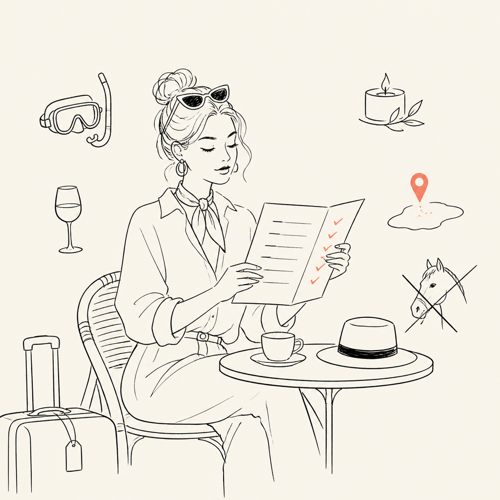 Ink illustration of a traveler reading a personalized trip checklist at a cafe table