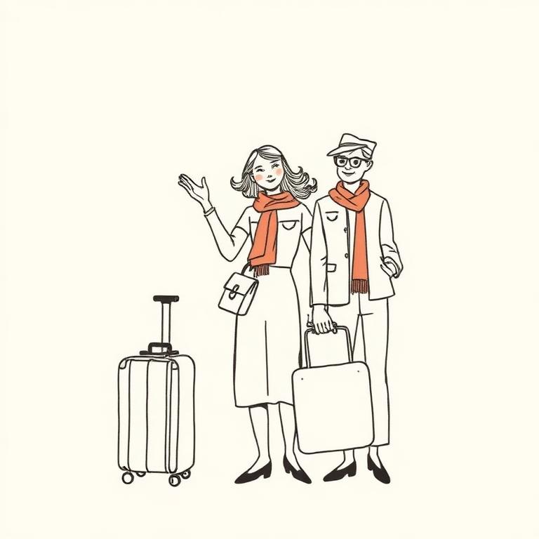 Ink illustration of travelers with luggage