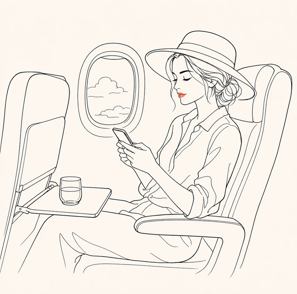 Illustration of a traveler relaxing in an airplane seat checking her phone